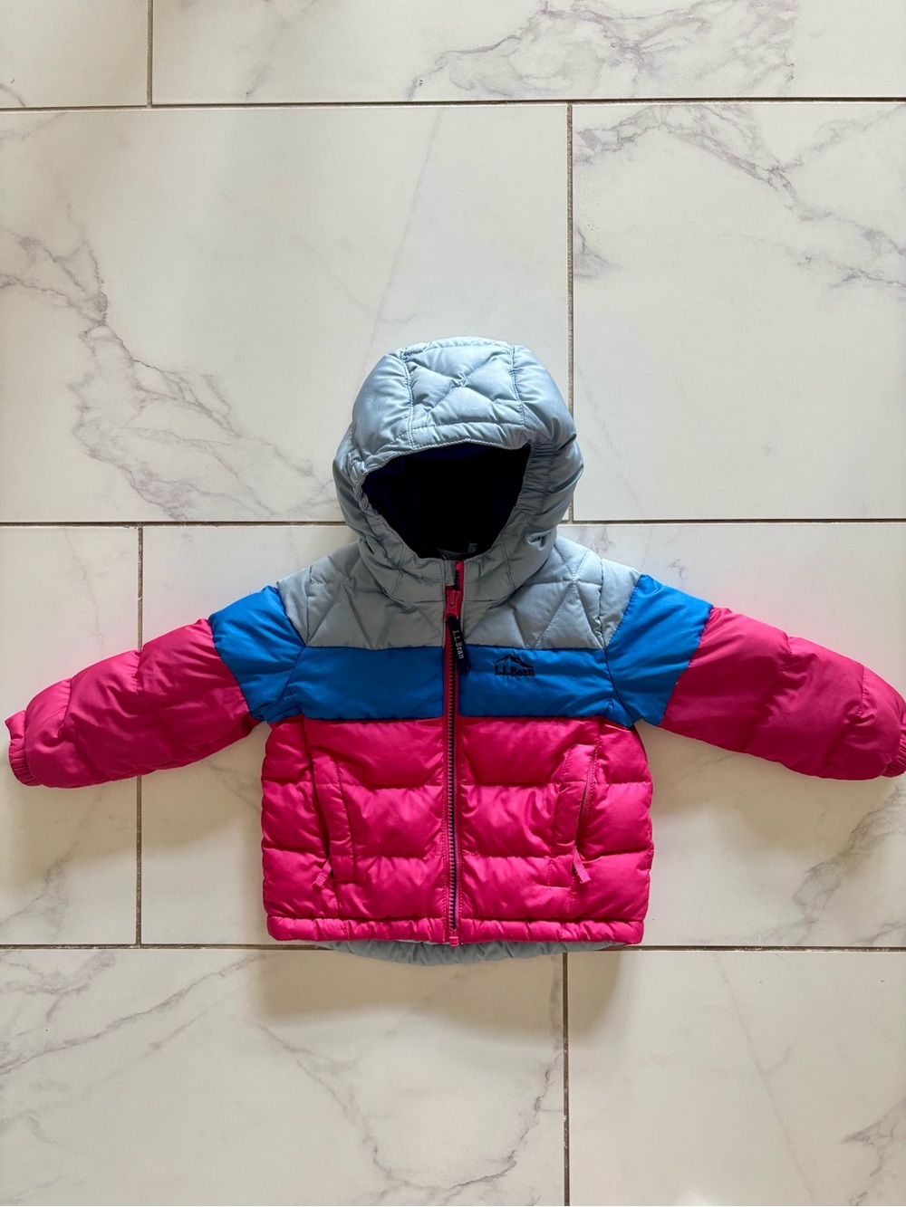 L.L. Bean Kids Colorblock Puffer Jacket in Pink, Blue & Light Gray